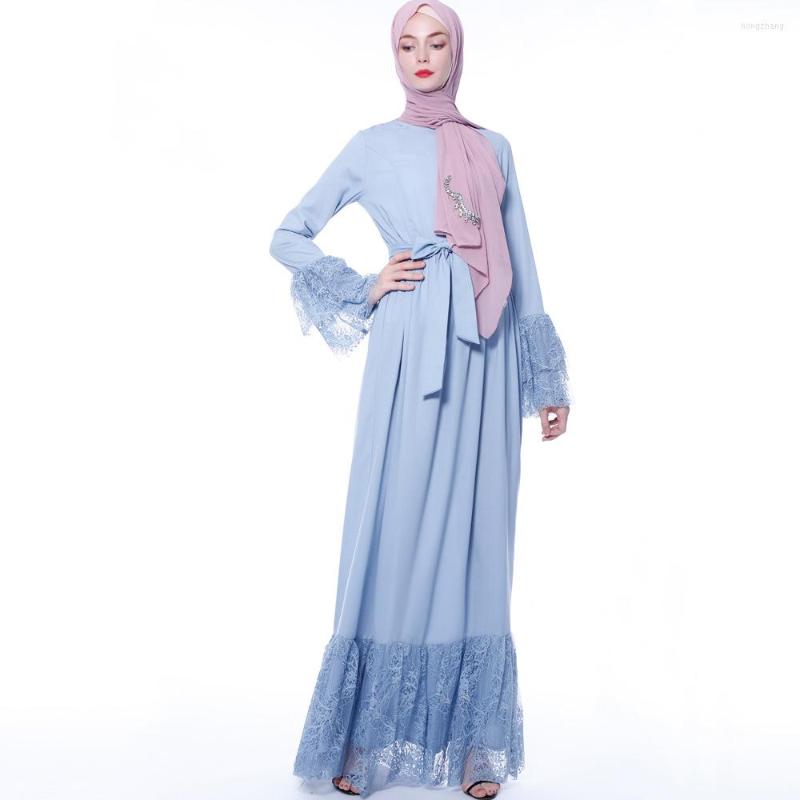 

Ethnic Clothing Fashion Muslim Eid Robe Women Abayas Solid Lace Stitching Longue Dresses Dubai Turkey Islam Kaftans Femme Modest Gown