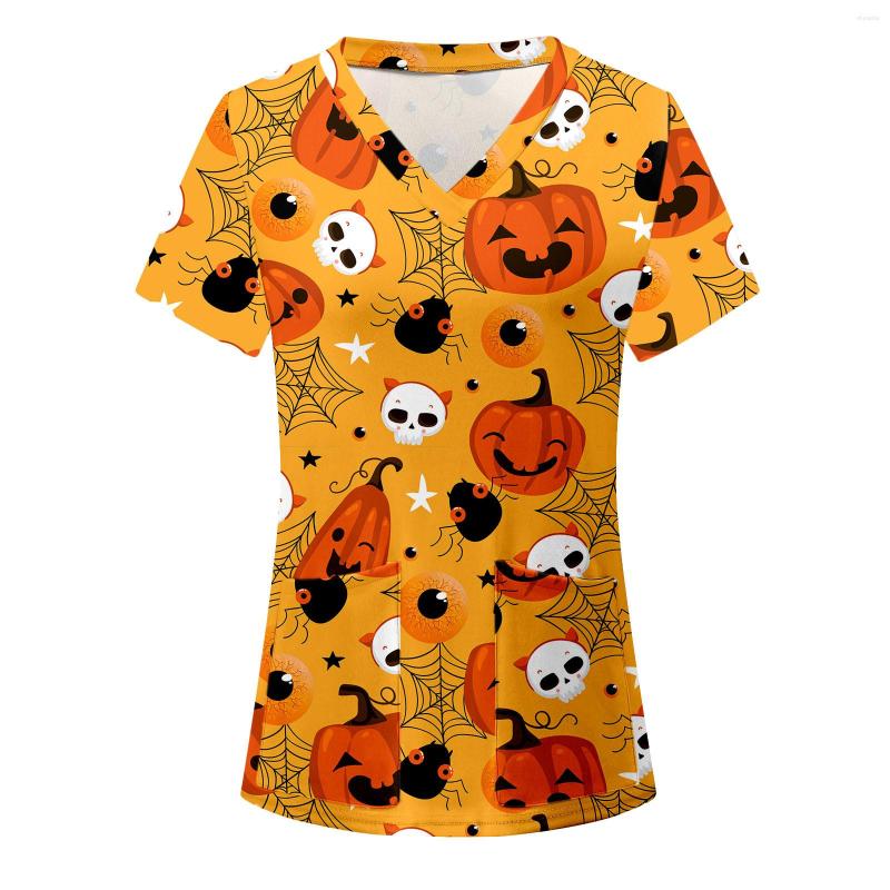 

Women' T Shirts Women Casual Halloween Print V Neck Pocket Short Sleeve Workwear Shirt Top Tee Tops, Black