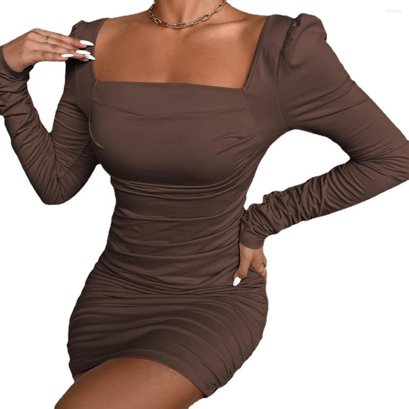 

Casual Dresses Fashion Spring Long Sleeve Black Bodycon Dress Women Square Neck Ruched Club Sexy Backless Elegant Mini Party, Auburn