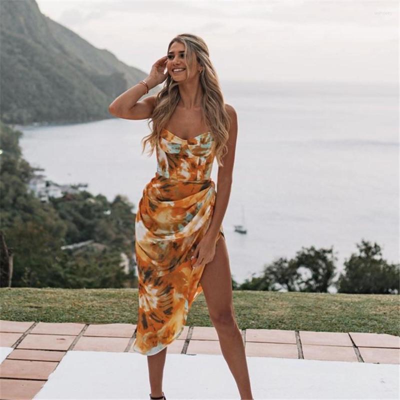 

Work Dresses SKMY 2 Piece Sets Women Outfit 2023 Spaghetti Strap Bodysuit Tops And Mesh Skirts Print Summer Beach Party Night Club, Yellow