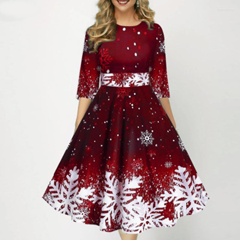 

Casual Dresses Christmas Snowflake Print 3/4 Sleeve Dress O Neck High Waist Pleated Female Elegant Swing Pullover Festival, 03 purple