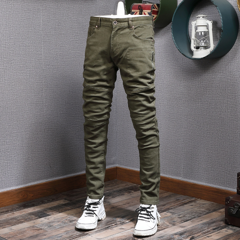 

Men's Jeans Streetwear Fashion Men Jeans Army Green Elastic Slim Fit Spliced Designer Biker Jeans Men Stretch Hip Hop Denim Pencil Pants 230316