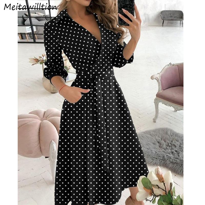 

Casual Dresses Autumn Women Office Dress 2023 V-Neck Long Sleeve A-Line Midi Vintage Print Party Vestidos, St21015 apricot