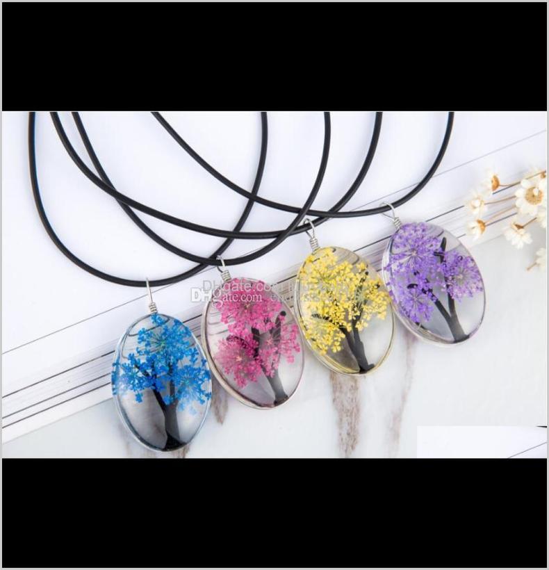 

Design Dried Flowers Plant Specimens Tree Of Life Necklace For Women With Leather Rope Chain Fashion Oval Glass Jewelry Choker Yz75350590