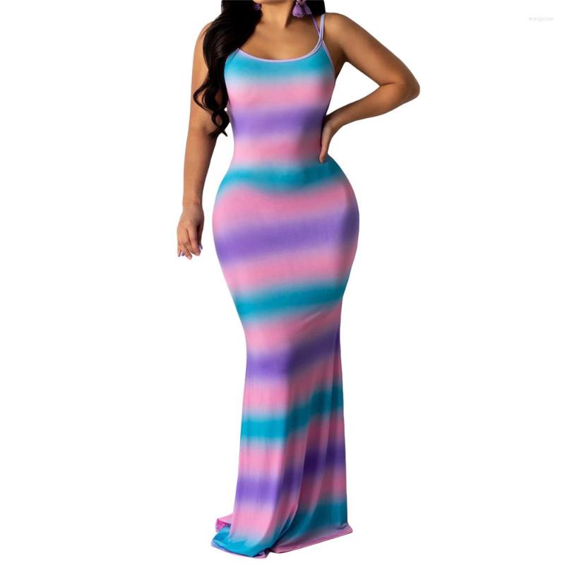 

Casual Dresses Women' Sleeveless Maxi Floor Length Dress Spaghetti Strap Slim Fit Bodycon Long Colorful Stripe Printed Sling