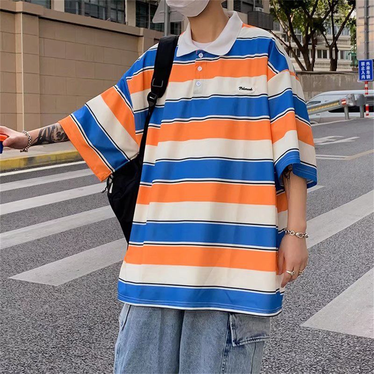 

Men' Polos Striped Polo Shirt Male Harajuku Oversized Tshirt BoyS High Street Hip Hop Loose Short Sleeve Gothic Polo Cool Japan T Shirt 230316