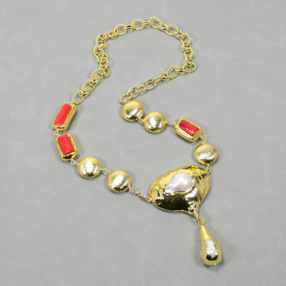 

Cultured White Keshi Pearl Pendant Red Coral Gold Plated Gold Brushed Coin Bead Chain Necklace Big Pearl 25"