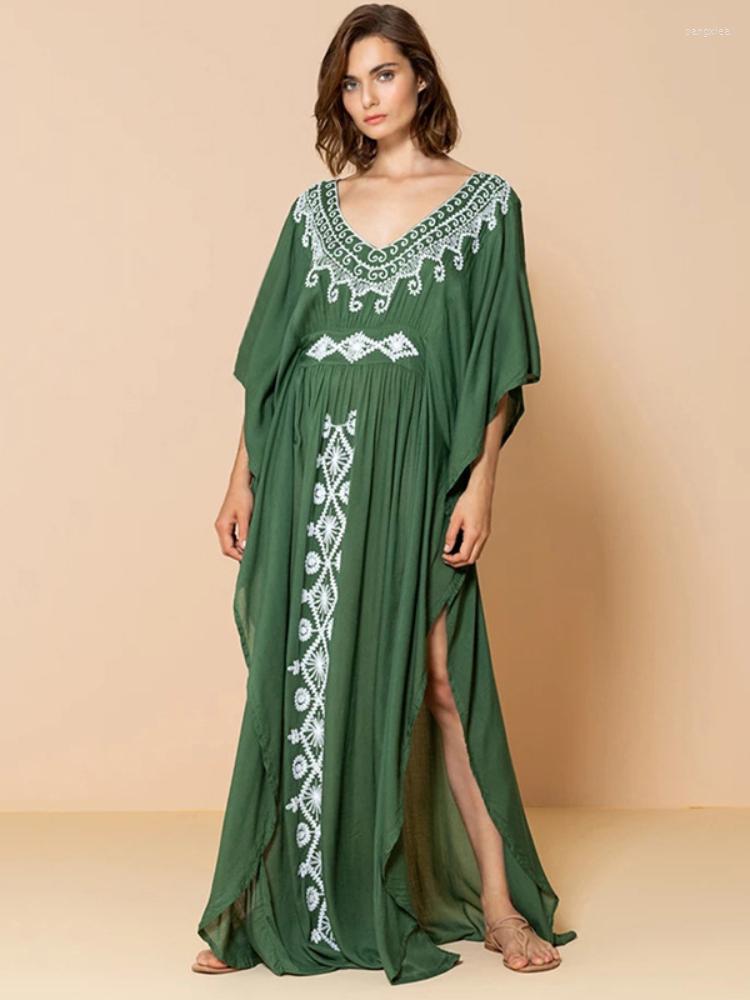 

Women's Swimwear Beach Cover Up Embroidery Summer Elegant Maxi Dresses Bohemian Green Black Kaftans For Women Holiday Bathing Suits, Green beach cover up