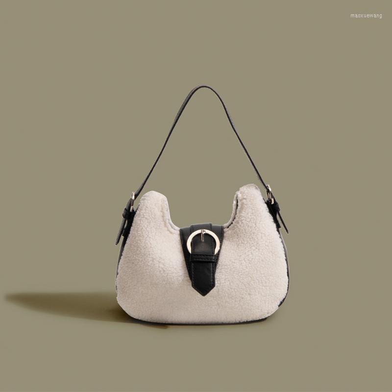 

Evening Bags Simple Designer Handbag For Women 2023 Fashion PU Leather Shoulder Bag Lady Solid Color Plush Stitching Saddle, White