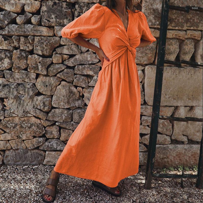 

Casual Dresses Sexy V Neck Women Summer Dress 2023 Trend Solid Beach Pleats Long Elegant Puff Sleeve High Waist Holiday Maxi, 01 pink
