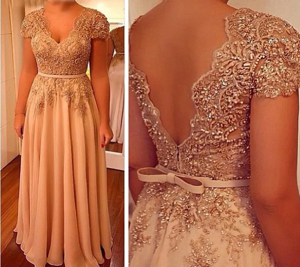 

Mother Of the Bride Dress Prom Party Gown For Weddings Formal Custom New Sexy Plus Size Mother's Dresses A Line V-Neck Applique Beaded Chiffon Backless Champagne