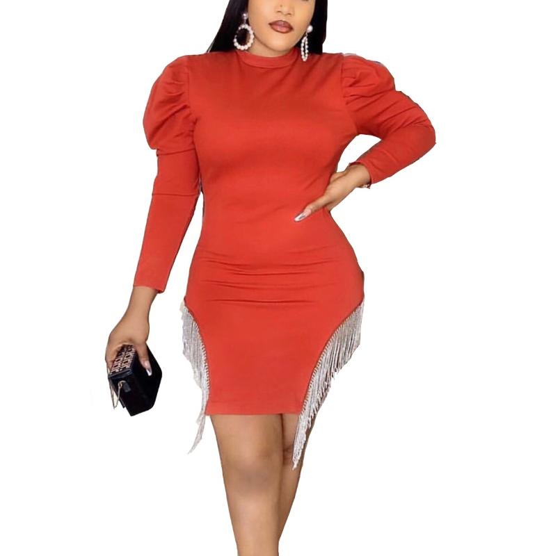 

Casual Dresses Sexy Red Dress For Women Puff Sleeve Bodycon Tassel Mini Length Elegant Evening Night Party Dinner Vestidos Mujer 2023