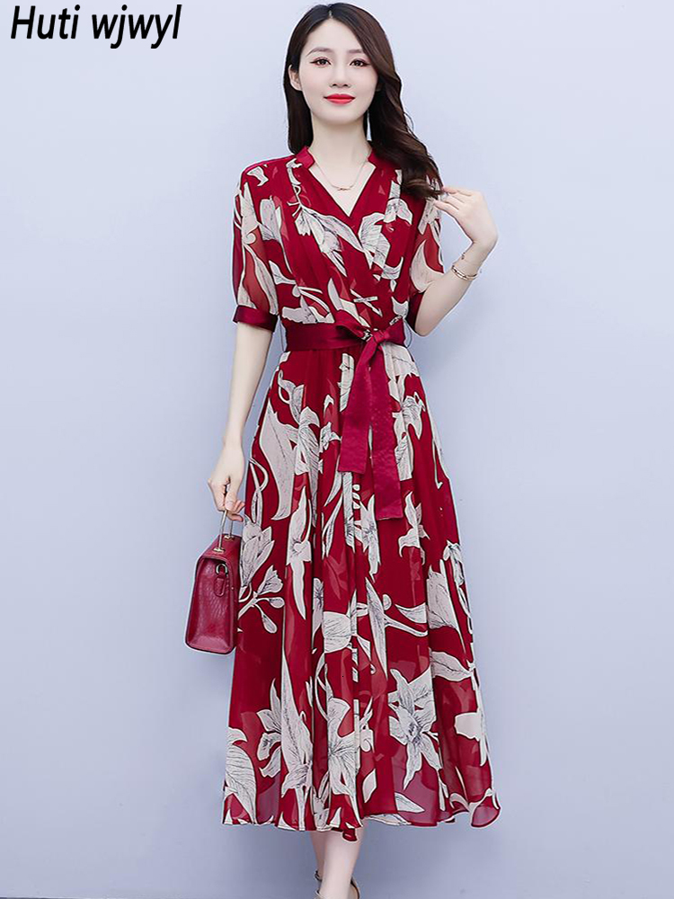 

Casual Dresses Summer Print Short Sleeve V-Neck Long Dress Women Fashion Casual Beach Dress Kroean Elegant Bodycon Bandage Party Vestidos 230316, Burgundy