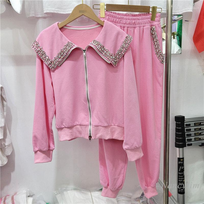 

Women's Two Piece Pants Sports Suit For Women Suits Exquisite Rhinestone Zipper Sweatshirt High Waist Casual Girls Ladies Outfits 2023, Pink