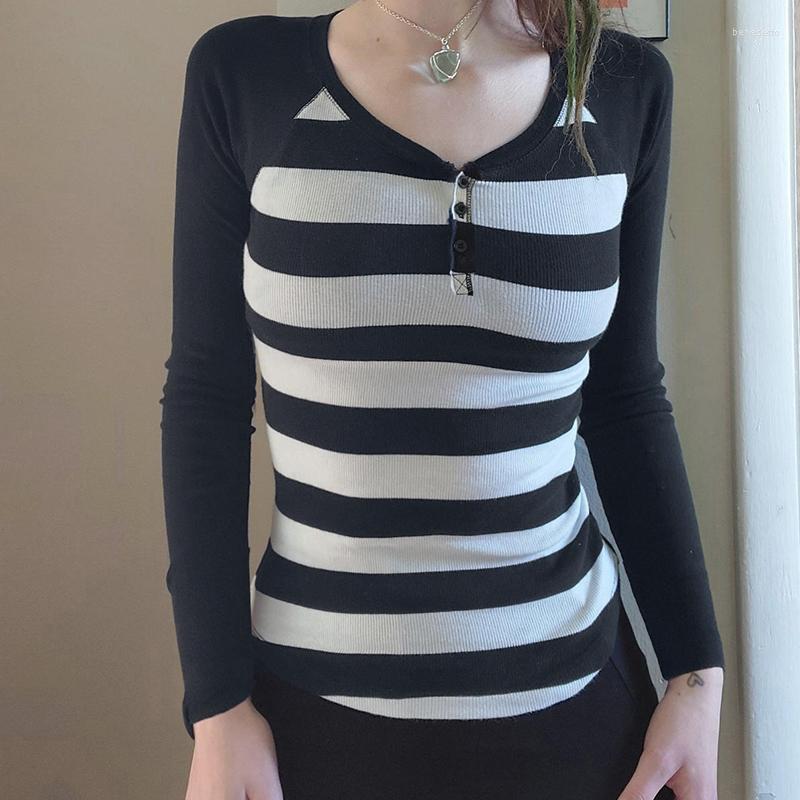 

Women' T Shirts Y2K Aesthetic Retro Slim Fit Tops Korean Grunge Striped Print Shirt Fashion Harajuku Long Sleeve Basic Tees Chic Women, Black