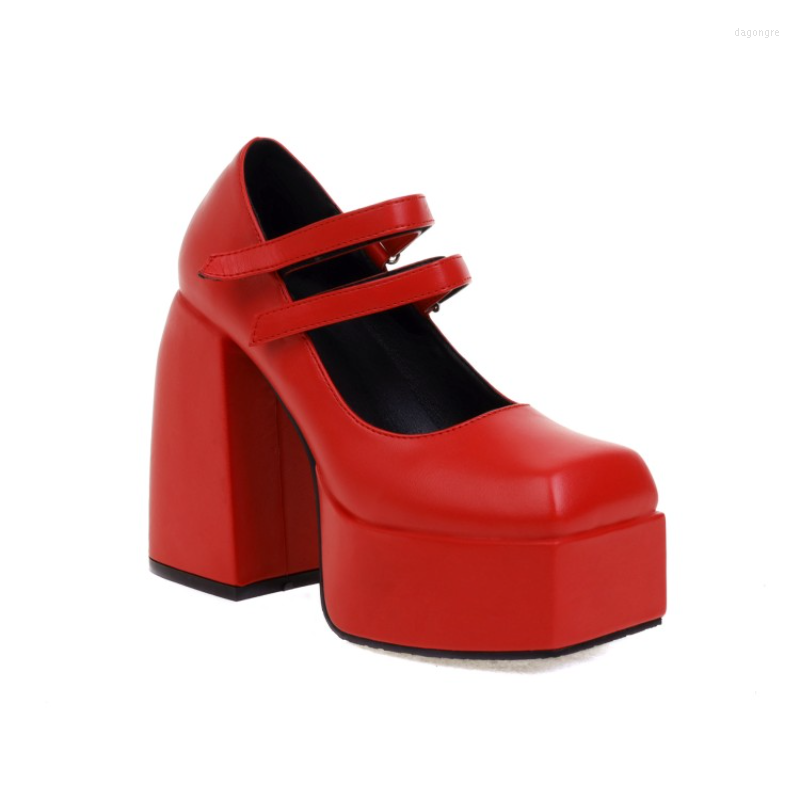 

Dress Shoes Metal Buckle Square Toes High-heeled Thick Heel Platform Hook & Loop Wedding European And American Banquets, Red