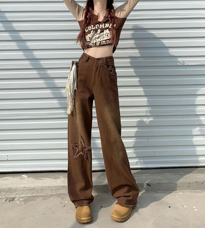 

Women' Jeans Y2k Cargo Pants Brown Woman Korean Fashion Baggy Jean Femme Star Burr High Waist Loose Skinny American Wide Leg Pant
