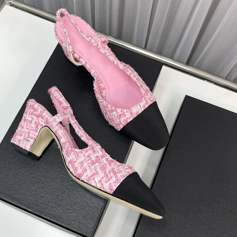 

Womens Dress Shoes Chunky Heels 6cm Tweed Classic Pink Denim Slingbacks Sandals Square Toes Slip On Wedding Shoe Retro Slipper Ladies Mule Luxurys Leisure Shoe