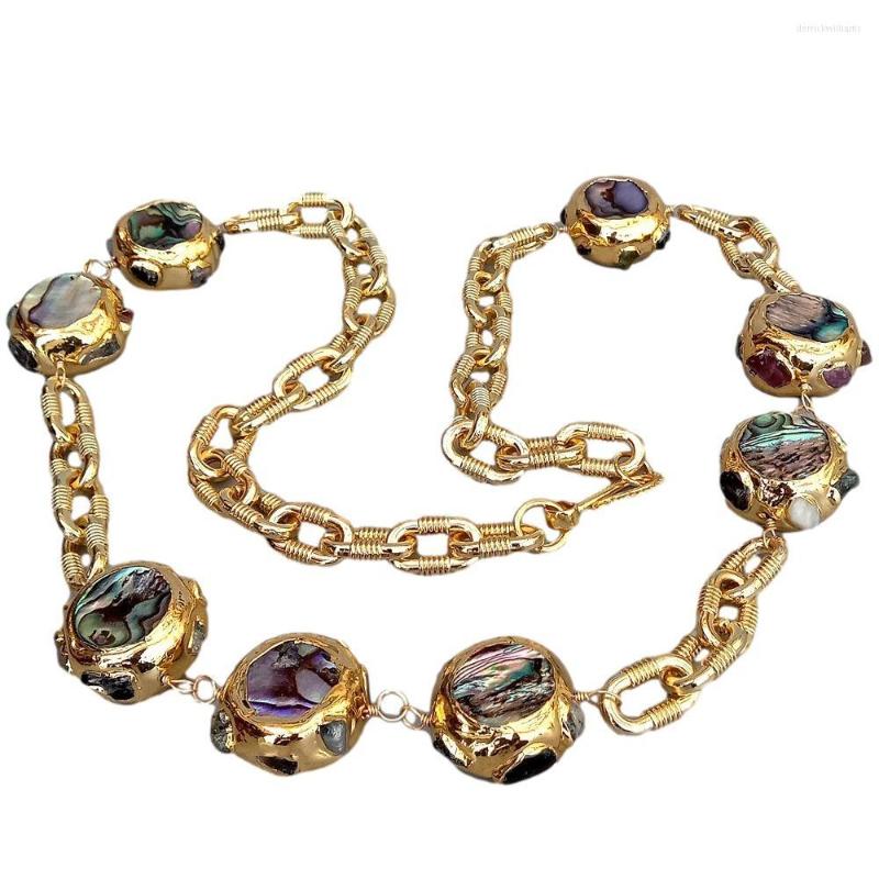 

Chains KKGEM 22mm Natural Rainbow Color Abalone Shell Coin Beads Gold Plated Chain Long Necklace 28"