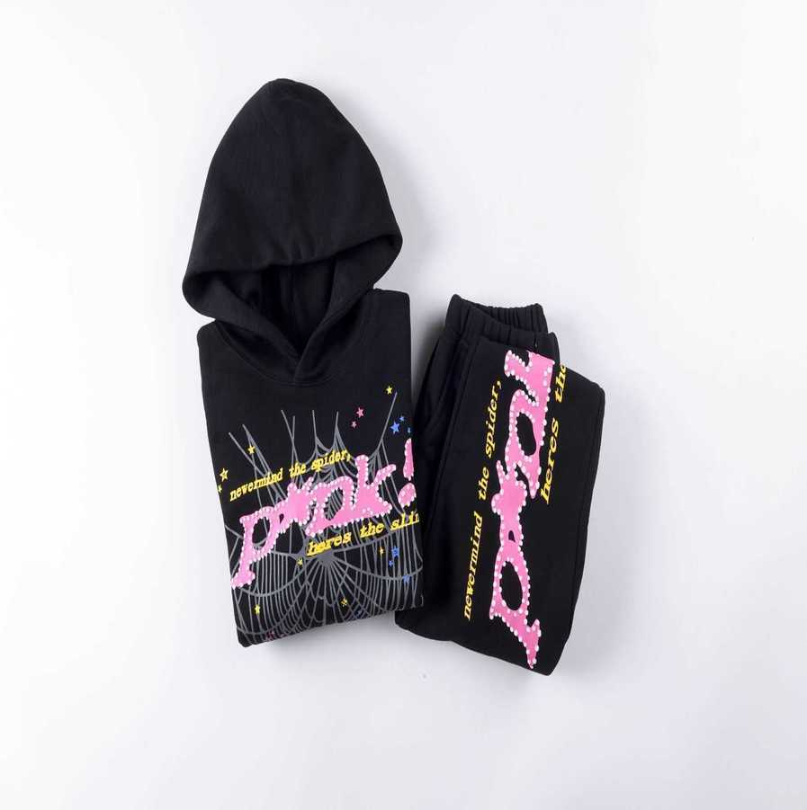 

23SS Children's Suit Designer Spider 555 Pullover Sp5der Young Thug Hoodies Street Foam Letter SP5der 555555 PANTS HOODIE Sweater Pants Suits Black, Rose pink