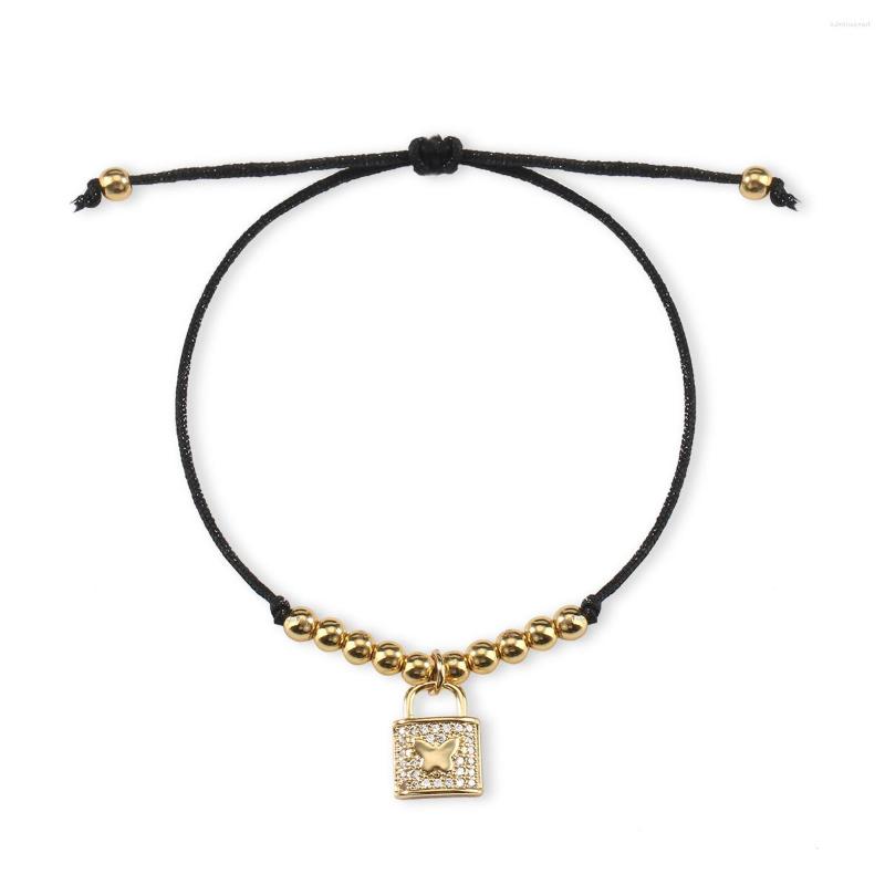 

Charm Bracelets Shiny Cubic Zirconia Crystal Lock Charms Pendant Bracelet Women CZ Gold-plated Copper Filled Beads Pink Red String