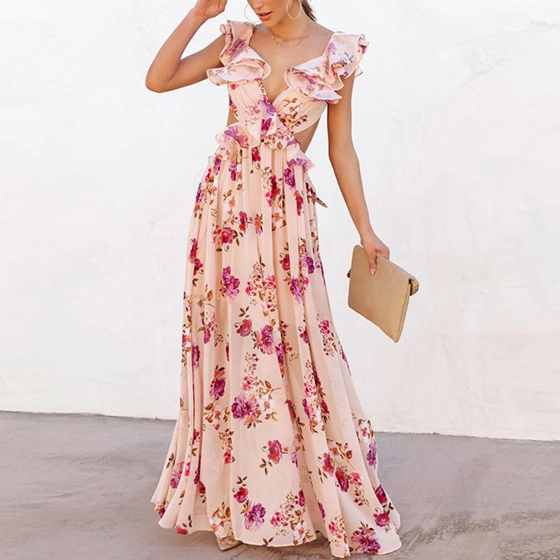 

Casual Dresses Fashion Sleeveless Backless Beach Long Dress Elegant Pleats Party Sexy Ruffle Cross Hollow Deep V Neck Floral Print, 02 black