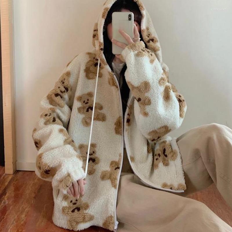 

Women' Jackets Cartoon Bear Lamb Wool Hooded Jacket Casual Oversized Tops Winter Clothes Woman Cute Korean Coats 2023Women, 608-coffee