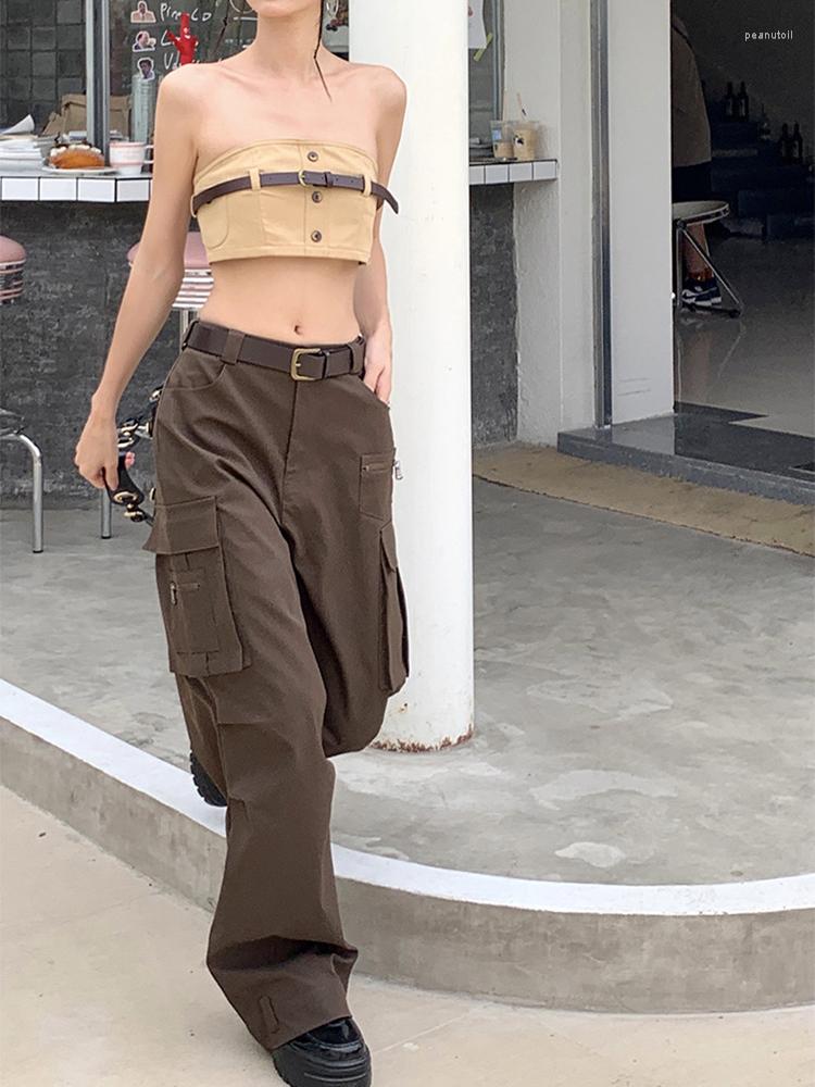 

Women' Jeans Women Retro Solid Color Cargo Pants High Waist Wide Leg Baggy Casual Lady Trousers Fashion Multiple Pockets Hip Hop Street, Russet