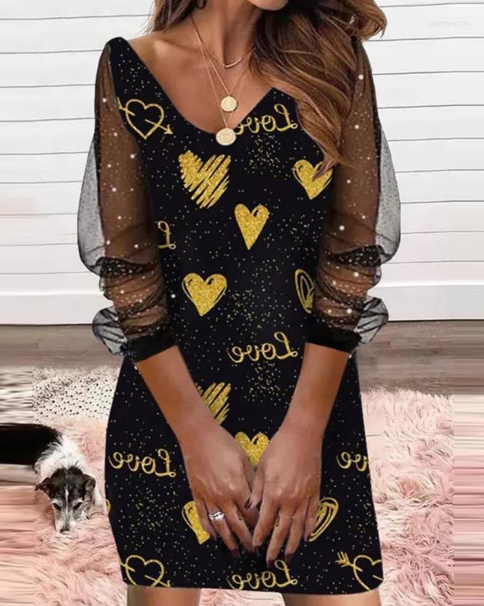 

Casual Dresses Women's 2023 Summer Fashion Heart Print Mesh Patch Sexy V-Neck Long Sleeve Daily Mini A Line Dress
