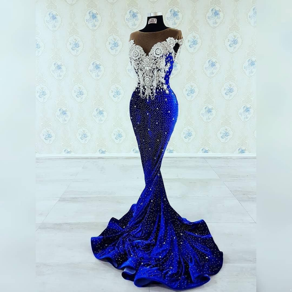 

Blue Backless Beaded Mermaid Evening Dresses Sheer Bateau Neck Sequined Velvet Prom Gowns Sweep Train Appliqued Formal Dress, Ivory