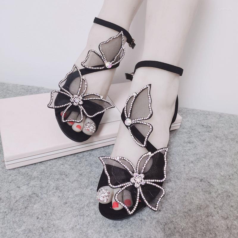 

Dress Shoes Women Sandals Crystal Butterfly Pumps One Word Buckle Strap Fashion Square Heel Rome Elegant Sexy For, Black