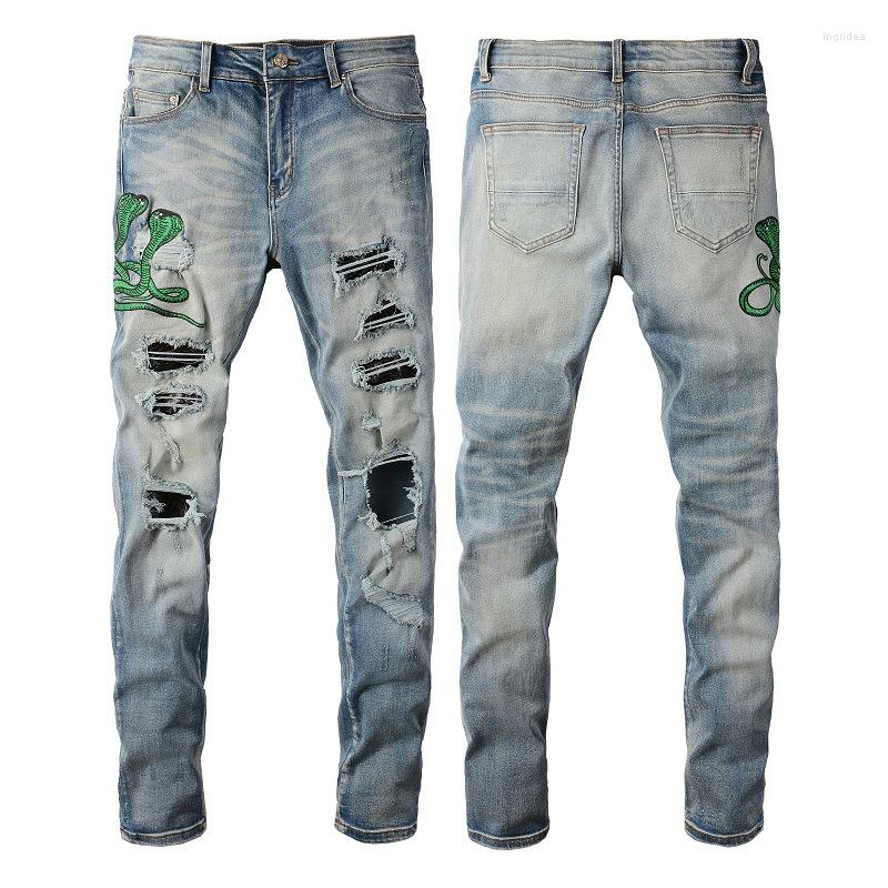 

Men's Jeans Light Blue Men Embroidered Cobra Hole Patch Skinny Scratch Ripped Stretch Slim Fit High Street Denim Pants Vaqueros Hombre, Black