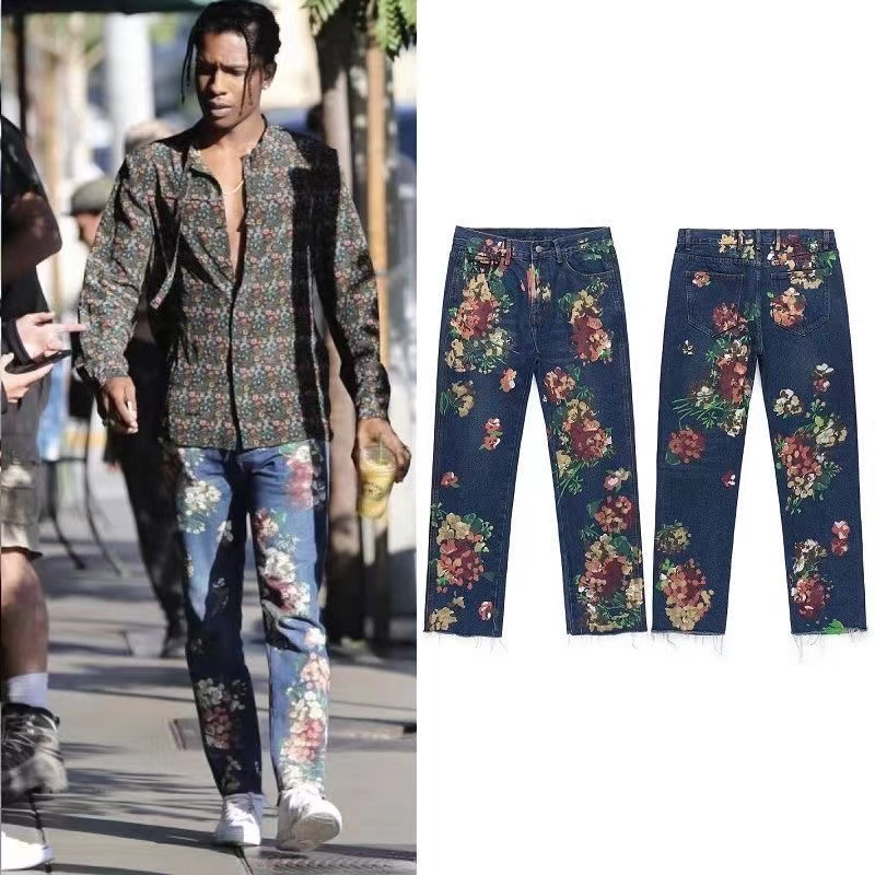 

Top Quality Men's Jeans European & American Streetwear Hand-painted Jeans Fashion FOG Hand-painted Floral Straight Leg Raw Hem Jean, Blue