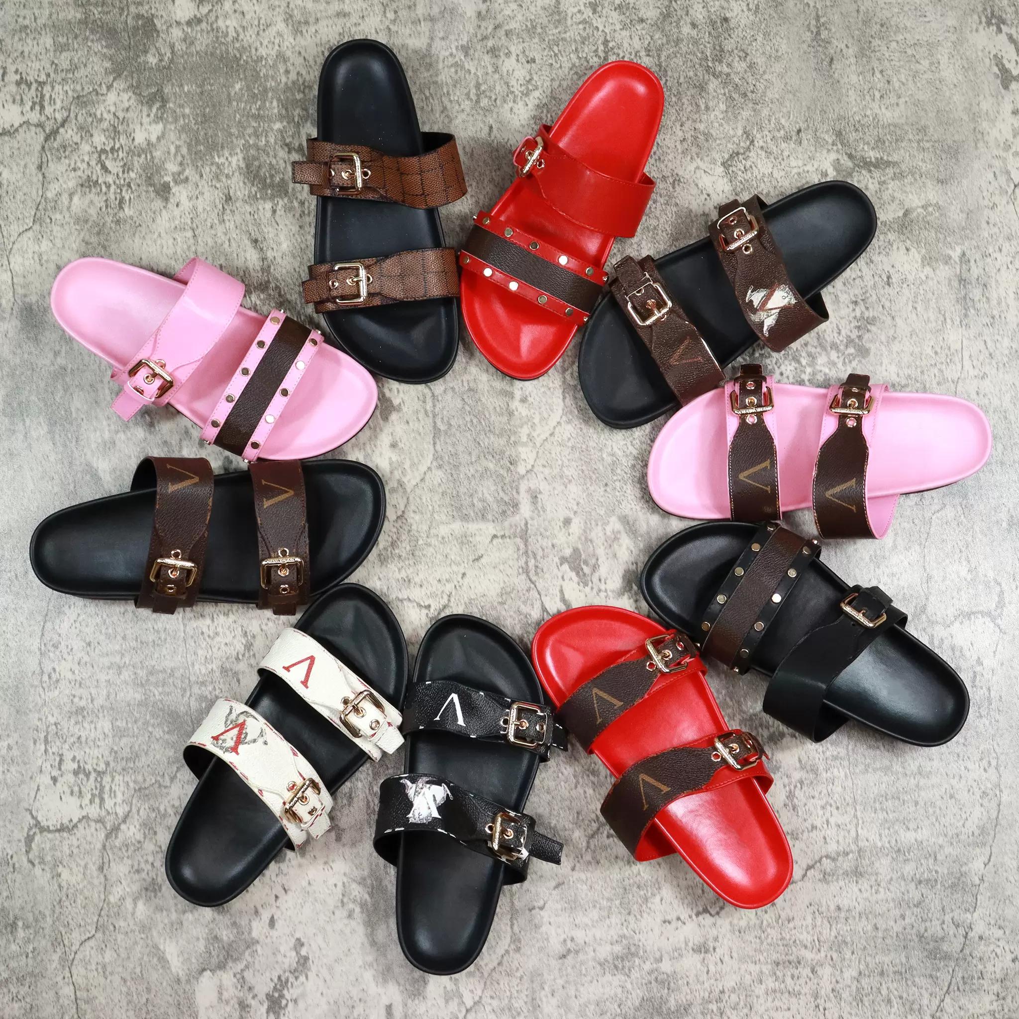 

High Quality Designer Slippers slides sandals Summer Flats Sexy leather platform Shoes Ladies Beach shoe, Red brown flower