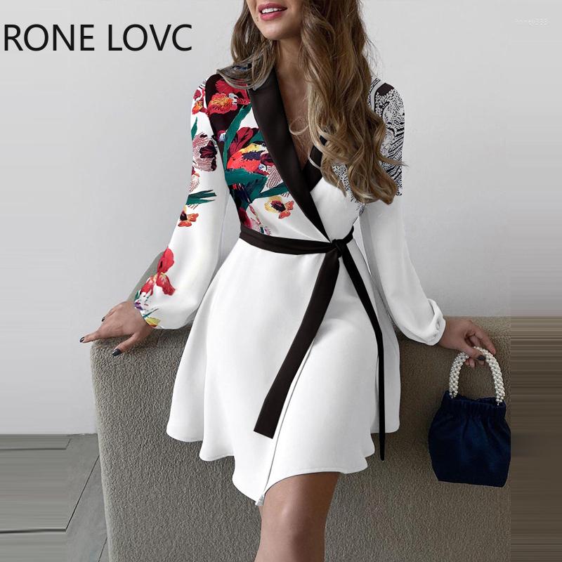 

Casual Dresses Women Floral Print Colorblock Tied Detail Work Dress Lace Up, White