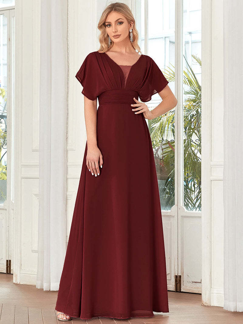 

Party Dresses Elegant Evening Dresses Double V-neck a flowy skirt and Ruffle Sleeves Ever Pretty of Chiffon Burgundy Bridesmaid Dress 230316, Dusty navy