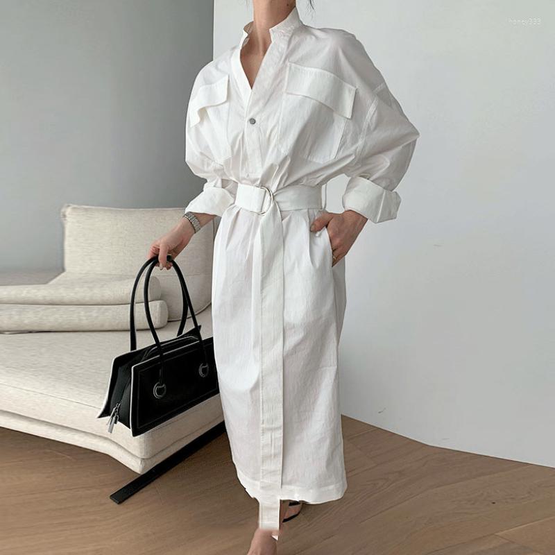

Casual Dresses Women' Spring Autumn Dress White Elegant Loose Belt Long Sleeve Stand Collar Pockets For Women 2023, Black