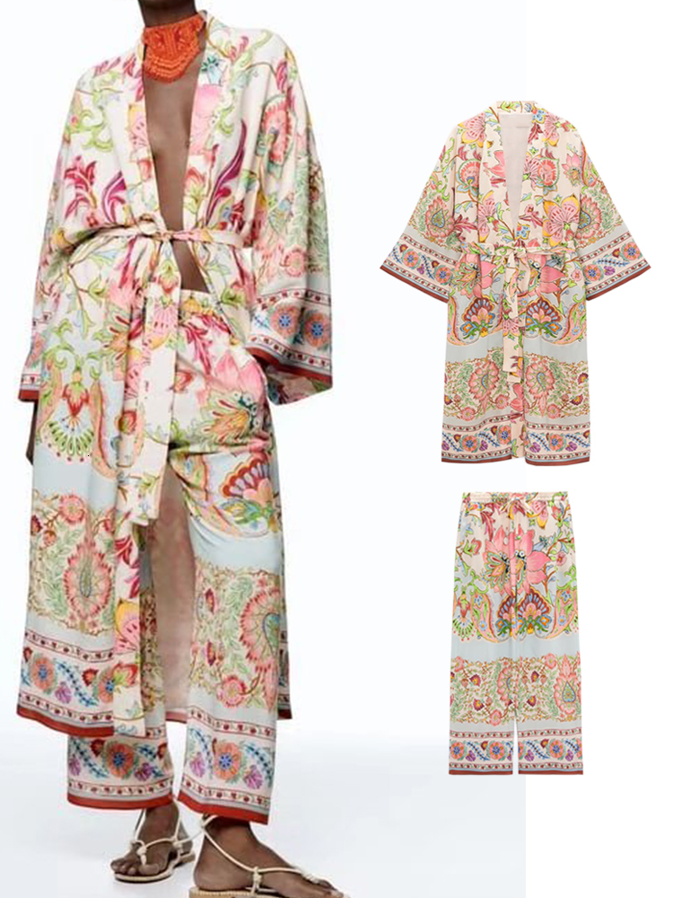 

Womens Two Piece Pants TFMLN 2pcs Summer Women Kimono Style ShirtsTrousers Suit Floral Printed XLong Drawstring Blouse Set Female Pant Casual Clothes 230316, Pantsb