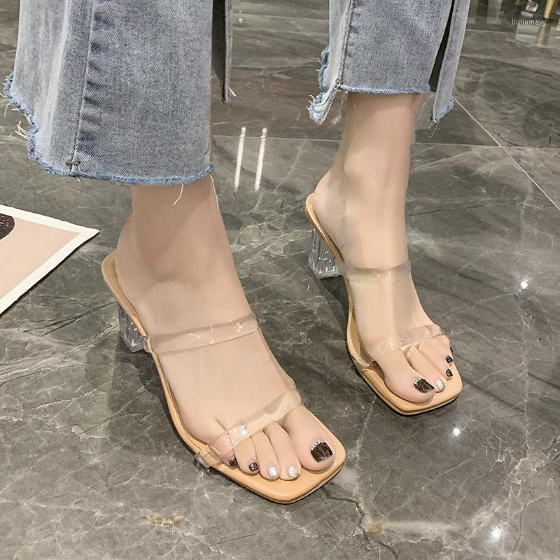 

Sandals Summer Women Shoes Fashion Hollow High Heels Square Toe Clear Heel Slides Super Party, Apricot color