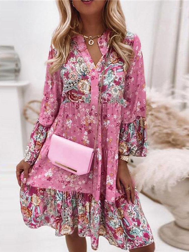 

Casual Dresses Ladies Elegant Flare Sleeve Dress Women V Neck Ruffle Beach Pullover Vintage Spring Floral Print Loose Mini, 01 pink