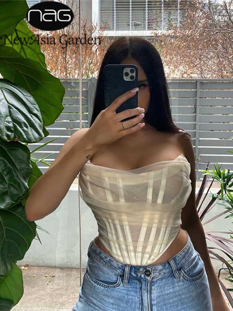 

Women's Tanks Camis Asia Sexy Corset Top Women Sleeveless Off Shoulder Female Boned Cropped Streetwear Bustier Mesh Crop Top White 230316, Avocado