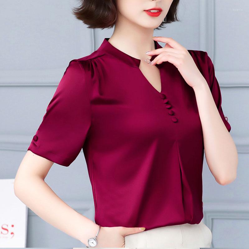

Women's Blouses 2023 Summer Fashion Women Tops Short Sleeve Casual Ladies Office Lady Button V-neck Solid Elegant Clothing 5379, Purple