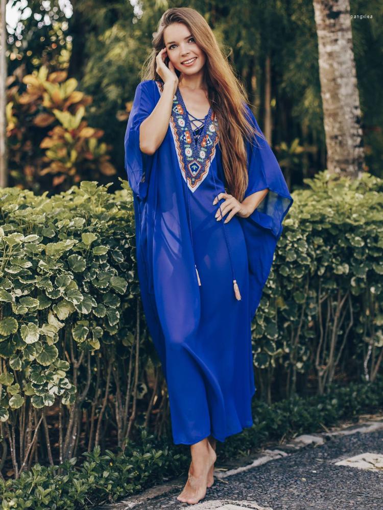 

Women's Swimwear Chiffon Kaftans Dress For Women 2023 Embroidery Patchwork V Neck Bikini Cover Up Bathing Suits Vestido Playero, Blue kaftan dress
