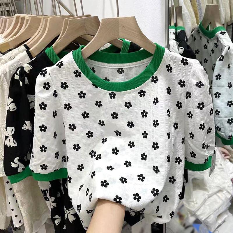 

Women's T Shirts Bow T-shirt Hit Color Patchwork Print Knitwear Shirt Women O Neck Pullover Short Sleeve Tees Summer Causal Ladies Top