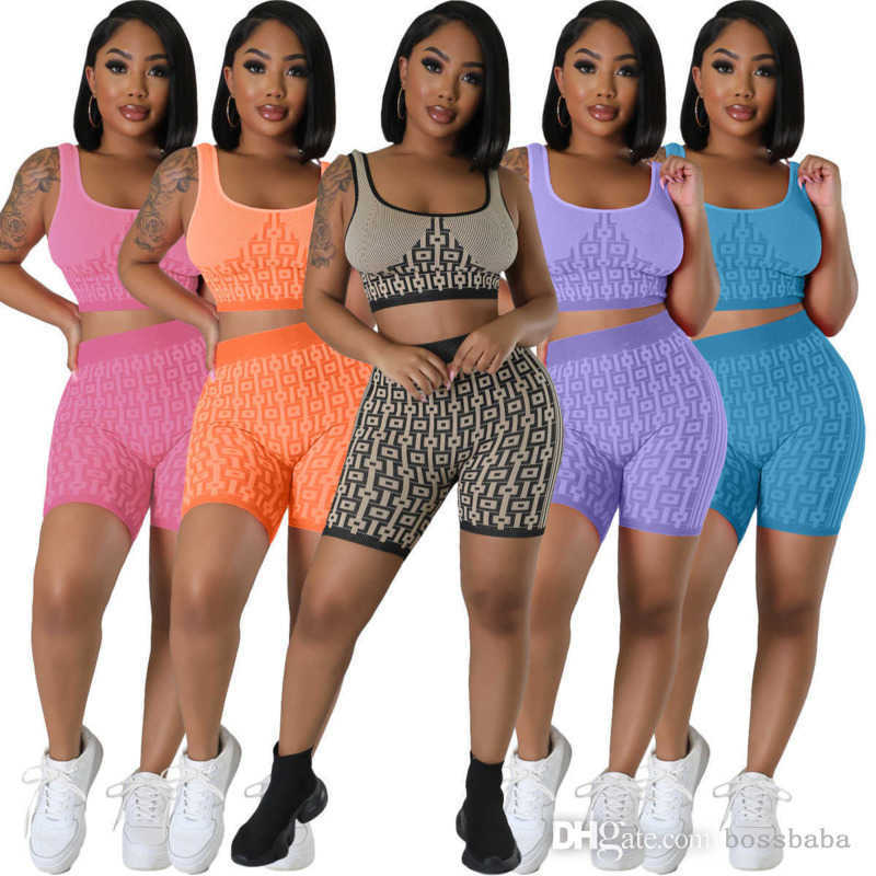 

2023 Summer Women Tracksuits Two Piece Pants Set Yoga Outfits Designer Jogging Suit Solid Color Elastic Knitting Printing Halter Sports Vest Pleated Tight Shorts, Orange13