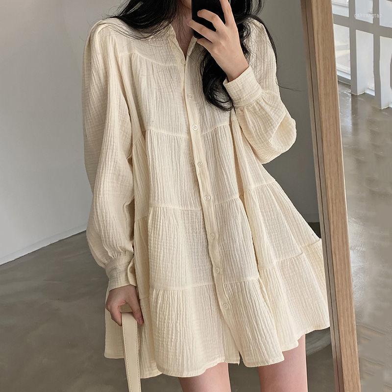 

Casual Dresses Spring 2023 Lapel Pleated Ruffle Female Mini Dress Women Elegant SingleBreasted Puff SleevesParty Loose Shirt, Black