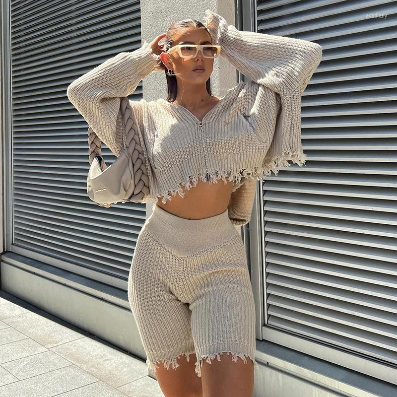 

Women's Tracksuits Knitted Tassel Two Piece Set Women Loose Hooded Zipper Sweater Coat Solid High Waist Stretchy Shorts Streetwear Outfits, Green shorts