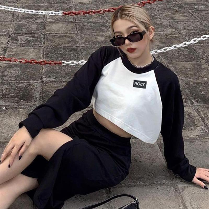 

Women' T Shirts All-Match Women Long Sleeve Patchwork Crop Tops Casual Contrast Color Letter Round Neck Exposed Navel T-Shirt Spring Autumn, Black