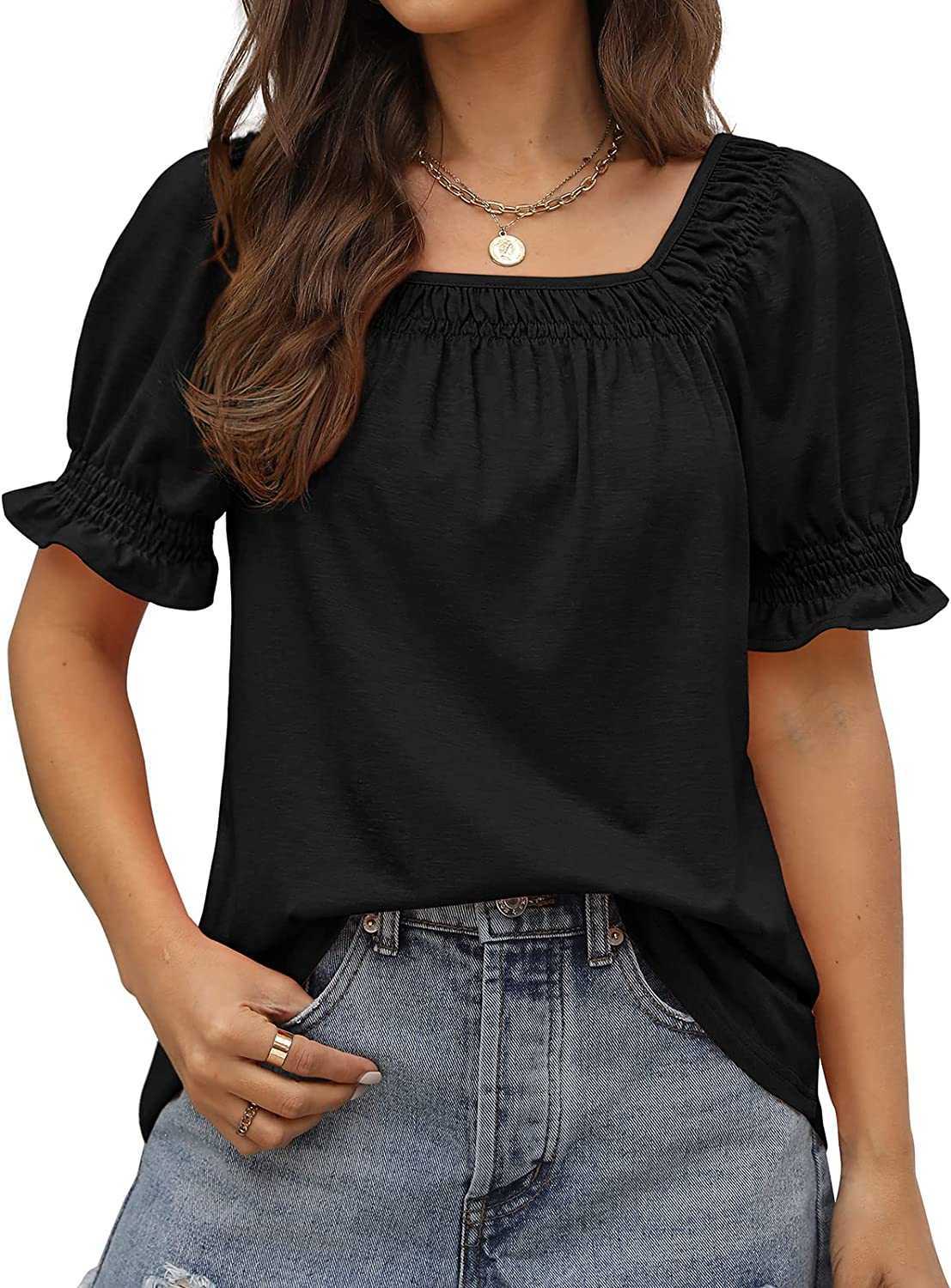 

Womens t-shirt summer tops loose fit casual short sleeve trendy square neck shirts woman t shirt no printX9AC, Grass green