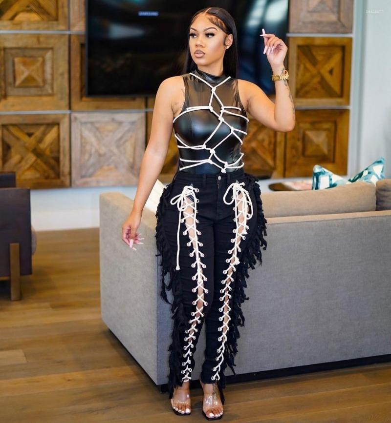 

Women' Jeans Women Corns Lace Up Tassel Straight Pants Elastic Sexy Slim Fit Denim Hollow Out Side High Ctreetwear Trousers, 1132